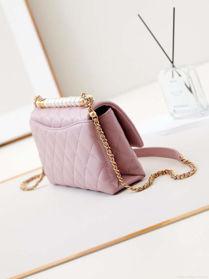 Chanel AS4997 Flap Bag with top Handle Shiny Lambskin Imitation Pearls & Gold-Tone Metal Pink