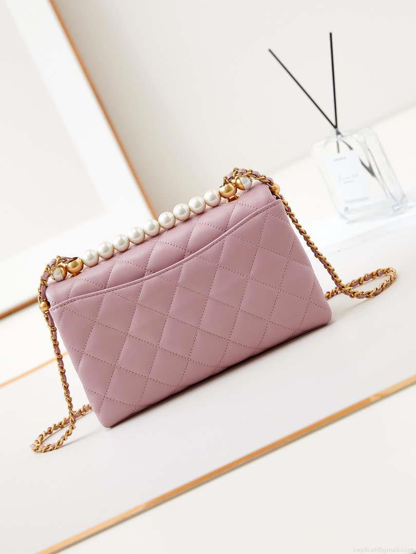 Chanel AS4997 Flap Bag with top Handle Shiny Lambskin Imitation Pearls & Gold-Tone Metal Pink