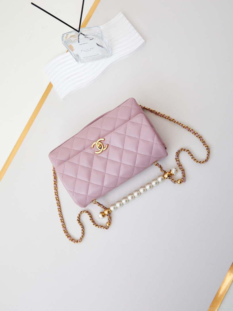Chanel AS4997 Flap Bag with top Handle Shiny Lambskin Imitation Pearls & Gold-Tone Metal Pink