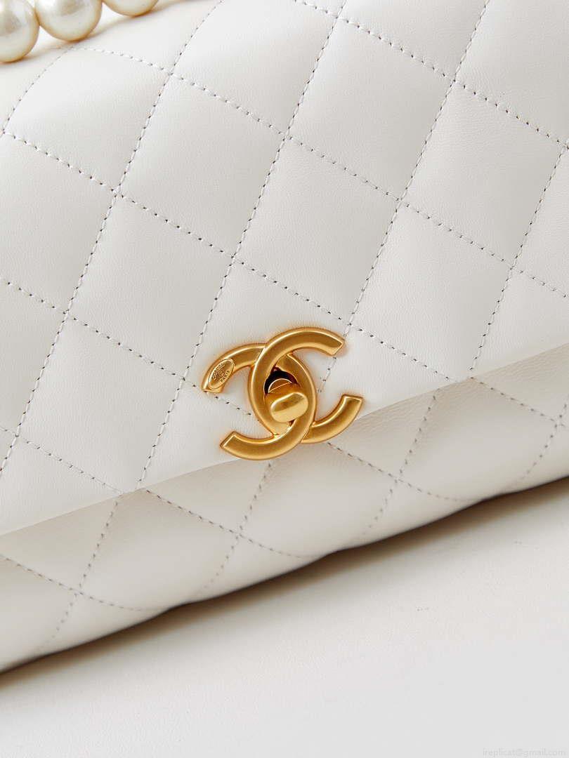 Chanel AS4997 Flap Bag with top Handle Shiny Lambskin Imitation Pearls & Gold-Tone Metal White