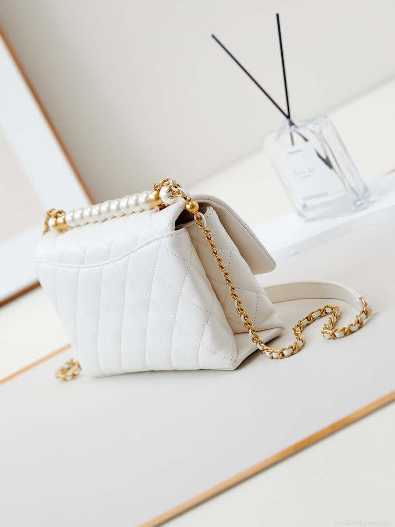 Chanel AS4997 Flap Bag with top Handle Shiny Lambskin Imitation Pearls & Gold-Tone Metal White