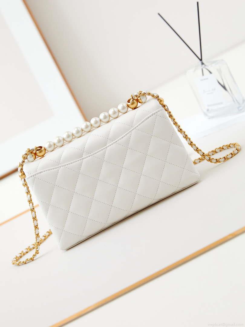 Chanel AS4997 Flap Bag with top Handle Shiny Lambskin Imitation Pearls & Gold-Tone Metal White