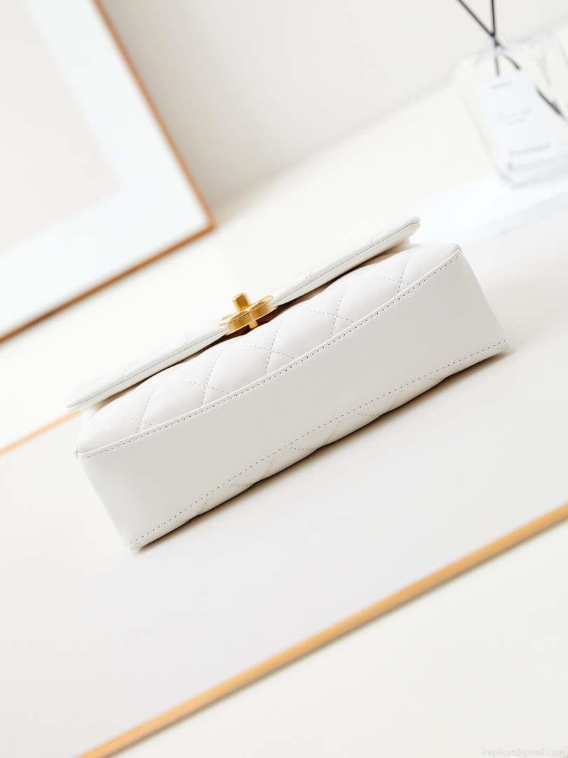 Chanel AS4997 Flap Bag with top Handle Shiny Lambskin Imitation Pearls & Gold-Tone Metal White