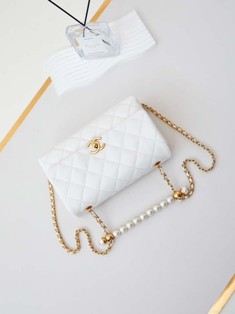 Chanel AS4997 Flap Bag with top Handle Shiny Lambskin Imitation Pearls & Gold-Tone Metal White