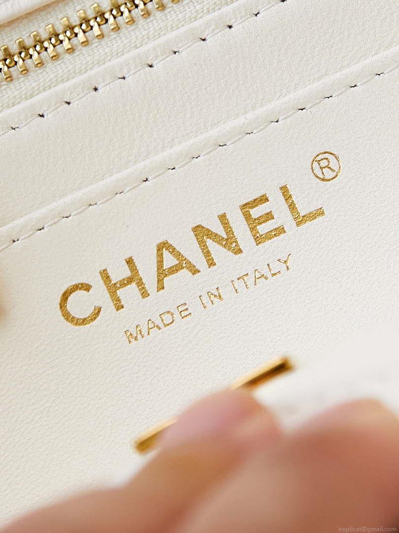 Chanel AS4997 Flap Bag with top Handle Shiny Lambskin Imitation Pearls & Gold-Tone Metal White