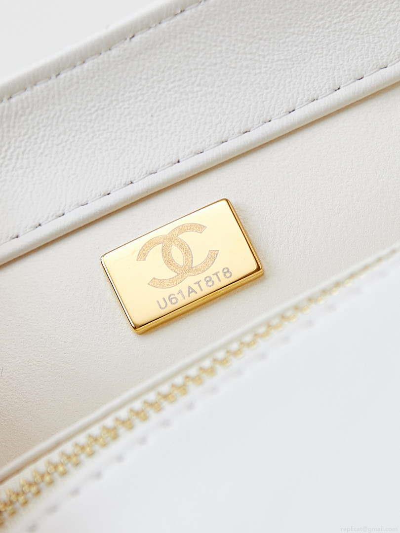 Chanel AS4997 Flap Bag with top Handle Shiny Lambskin Imitation Pearls & Gold-Tone Metal White