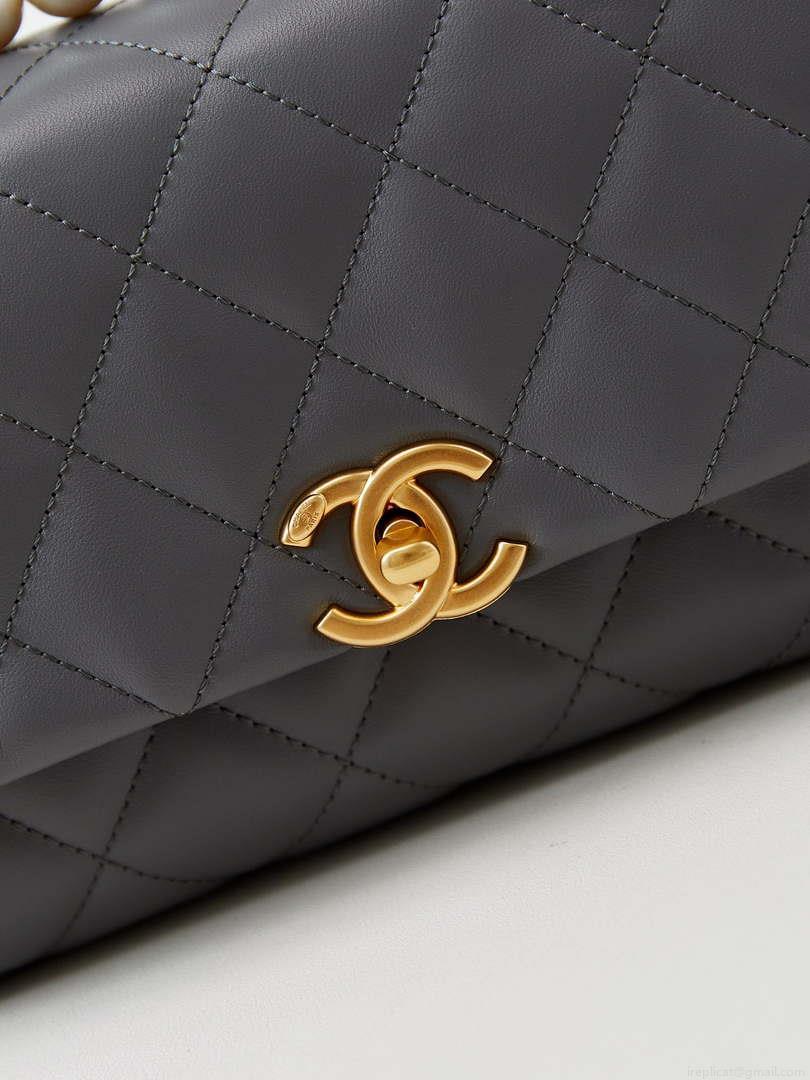Chanel AS4997 Flap Bag with top Handle Shiny Lambskin Imitation Pearls & Gold-Tone Metal Gray