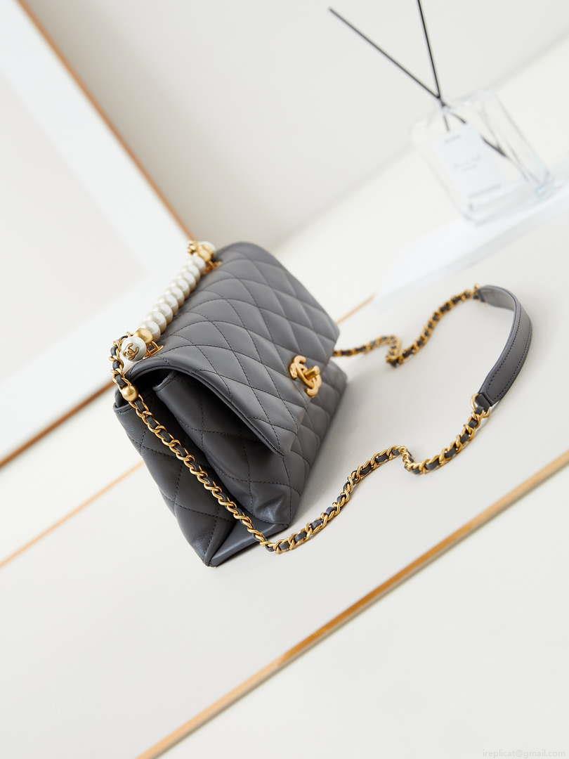 Chanel AS4997 Flap Bag with top Handle Shiny Lambskin Imitation Pearls & Gold-Tone Metal Gray
