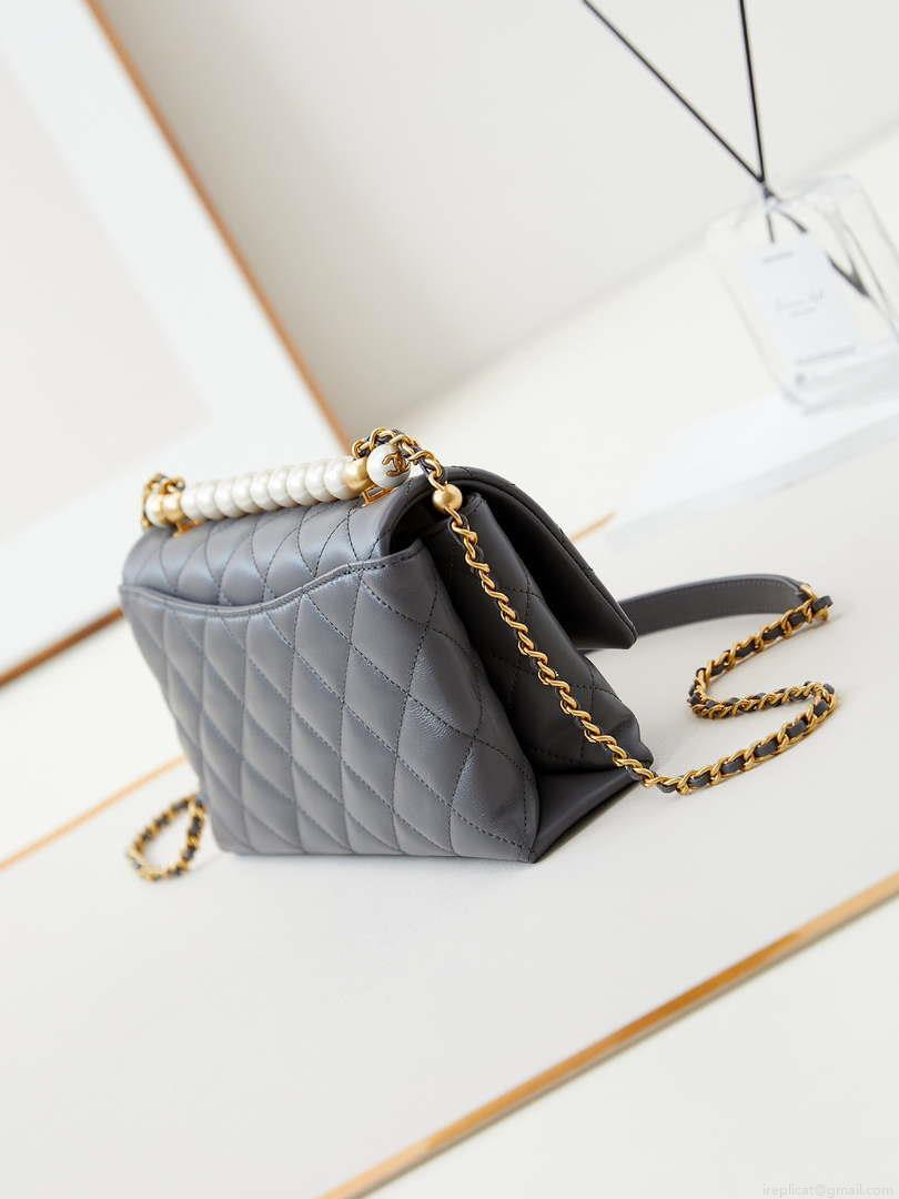 Chanel AS4997 Flap Bag with top Handle Shiny Lambskin Imitation Pearls & Gold-Tone Metal Gray