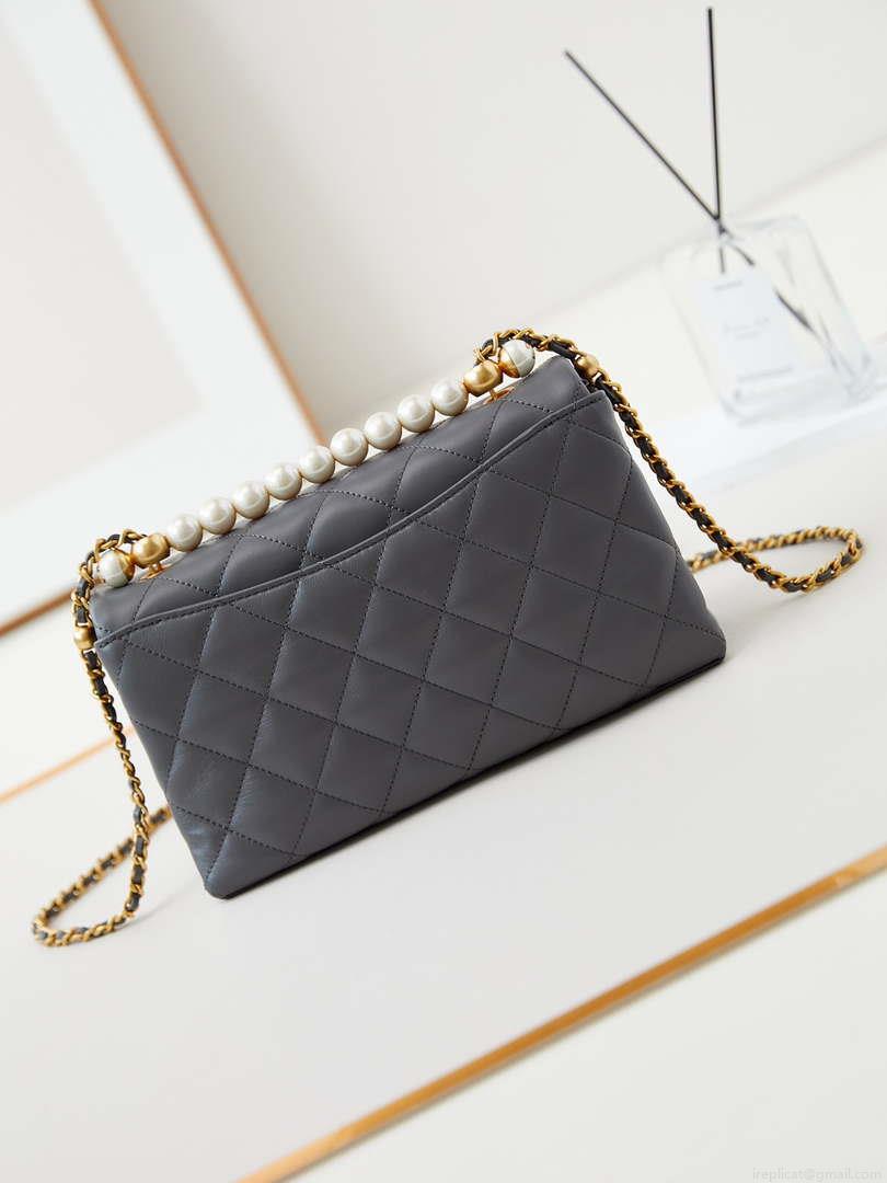 Chanel AS4997 Flap Bag with top Handle Shiny Lambskin Imitation Pearls & Gold-Tone Metal Gray