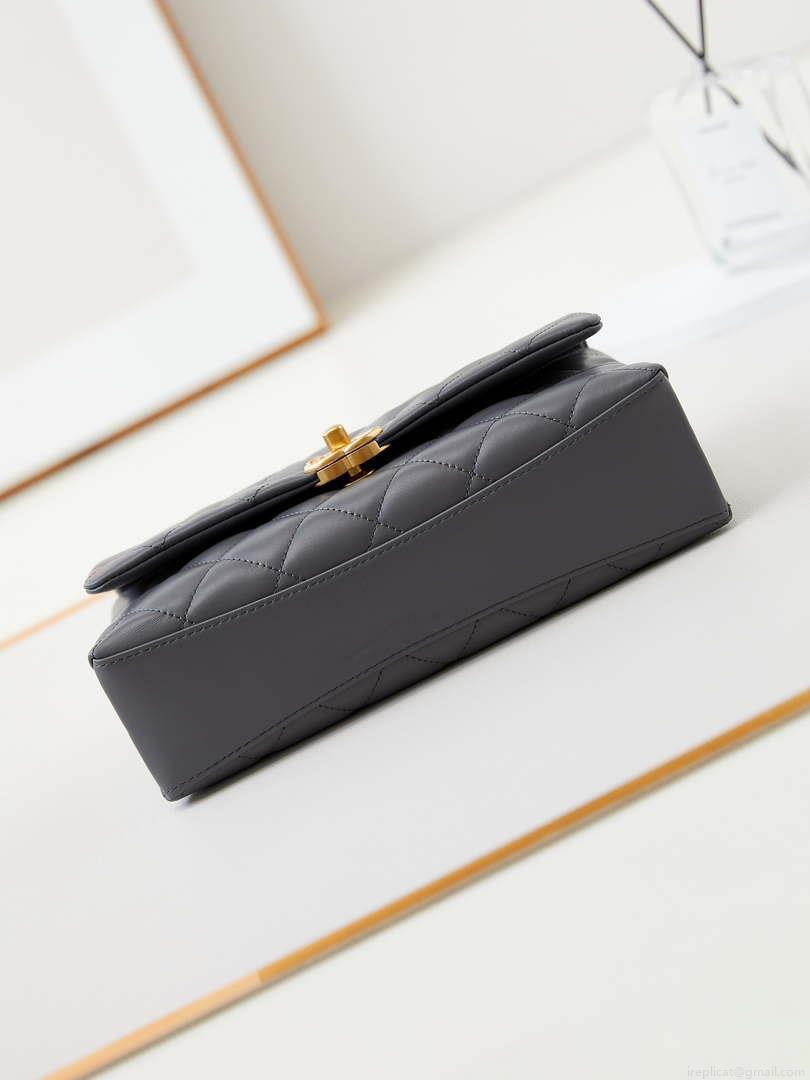 Chanel AS4997 Flap Bag with top Handle Shiny Lambskin Imitation Pearls & Gold-Tone Metal Gray