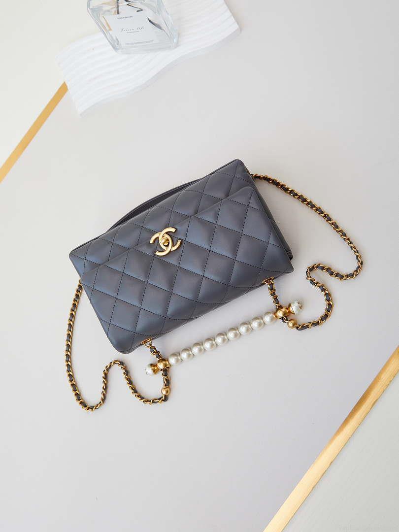 Chanel AS4997 Flap Bag with top Handle Shiny Lambskin Imitation Pearls & Gold-Tone Metal Gray