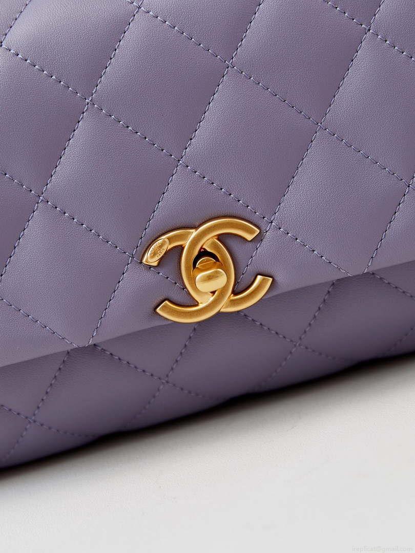Chanel AS4997 Flap Bag with top Handle Shiny Lambskin Imitation Pearls & Gold-Tone Metal Purple