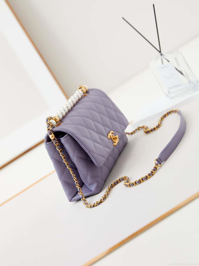 Chanel AS4997 Flap Bag with top Handle Shiny Lambskin Imitation Pearls & Gold-Tone Metal Purple