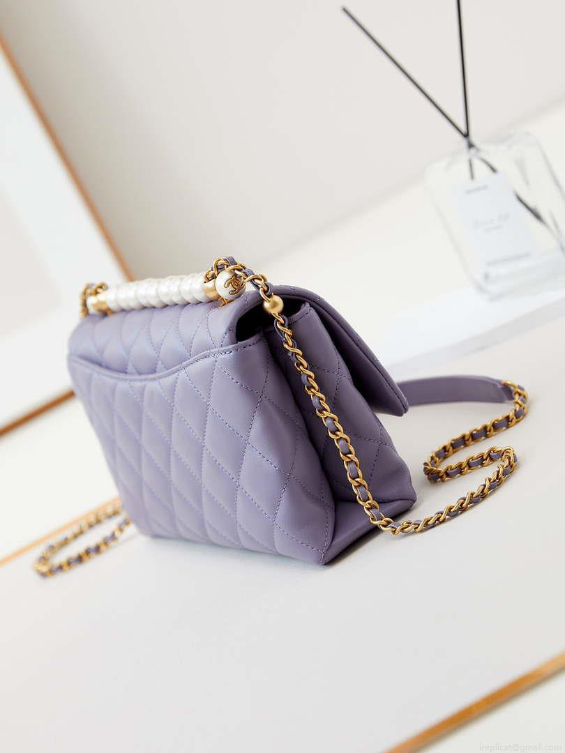 Chanel AS4997 Flap Bag with top Handle Shiny Lambskin Imitation Pearls & Gold-Tone Metal Purple