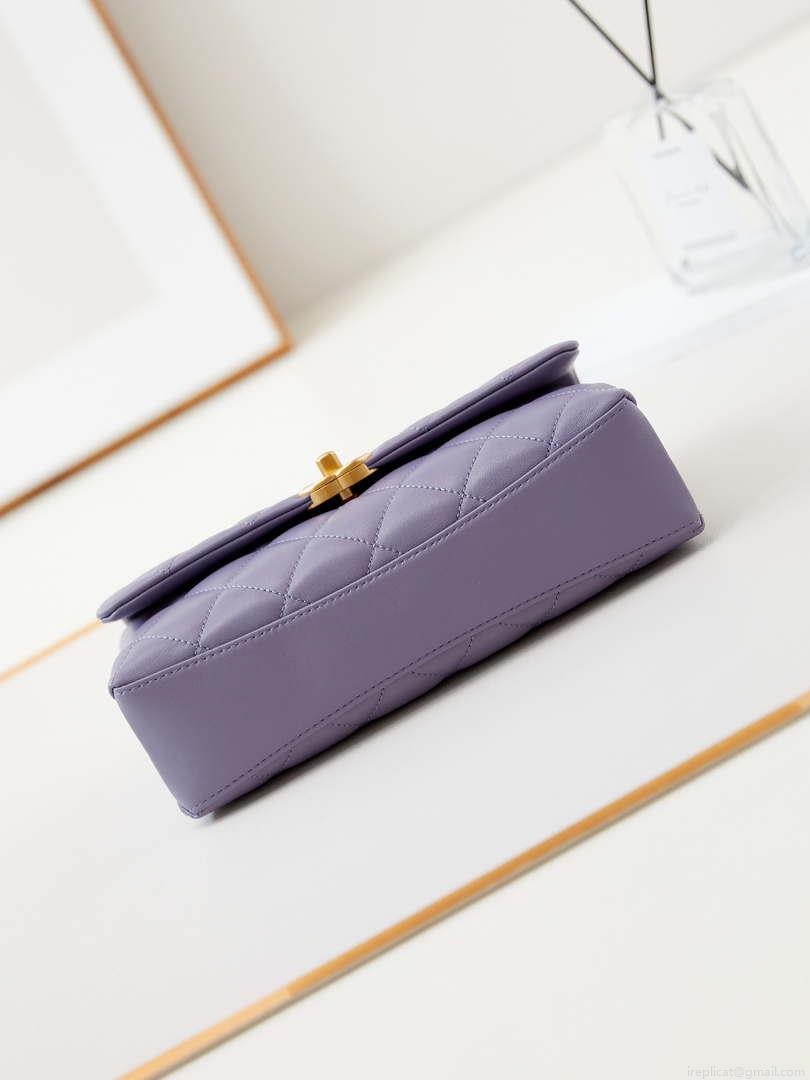 Chanel AS4997 Flap Bag with top Handle Shiny Lambskin Imitation Pearls & Gold-Tone Metal Purple