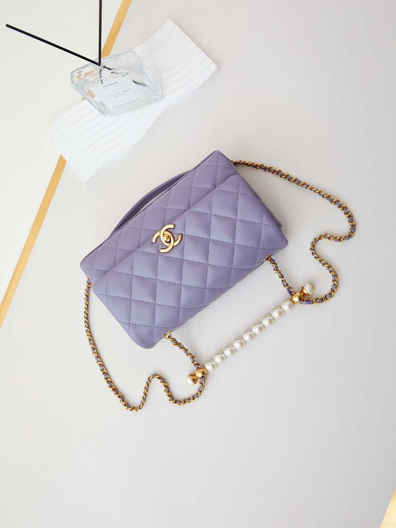 Chanel AS4997 Flap Bag with top Handle Shiny Lambskin Imitation Pearls & Gold-Tone Metal Purple