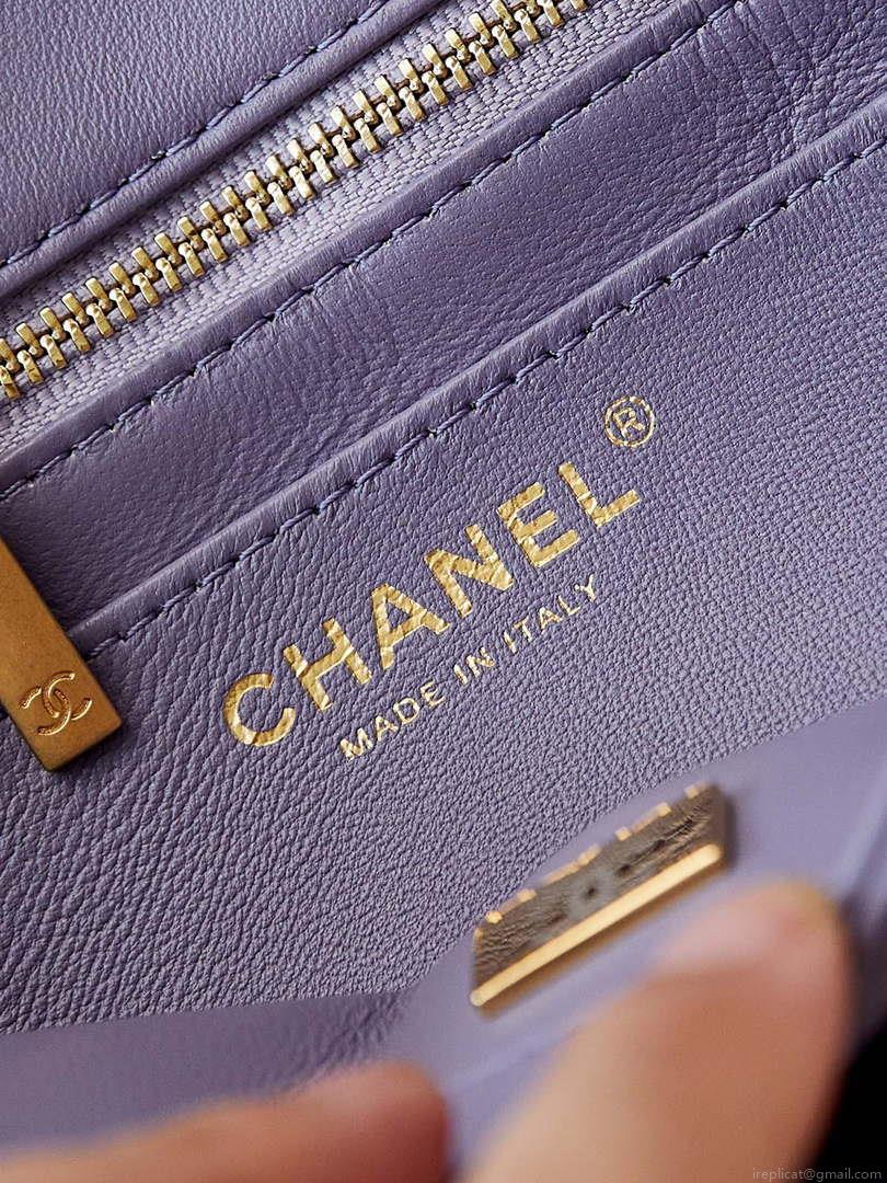 Chanel AS4997 Flap Bag with top Handle Shiny Lambskin Imitation Pearls & Gold-Tone Metal Purple