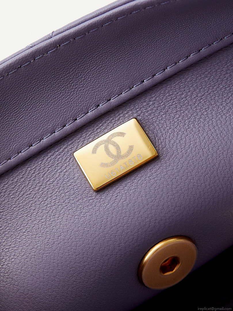 Chanel AS4997 Flap Bag with top Handle Shiny Lambskin Imitation Pearls & Gold-Tone Metal Purple