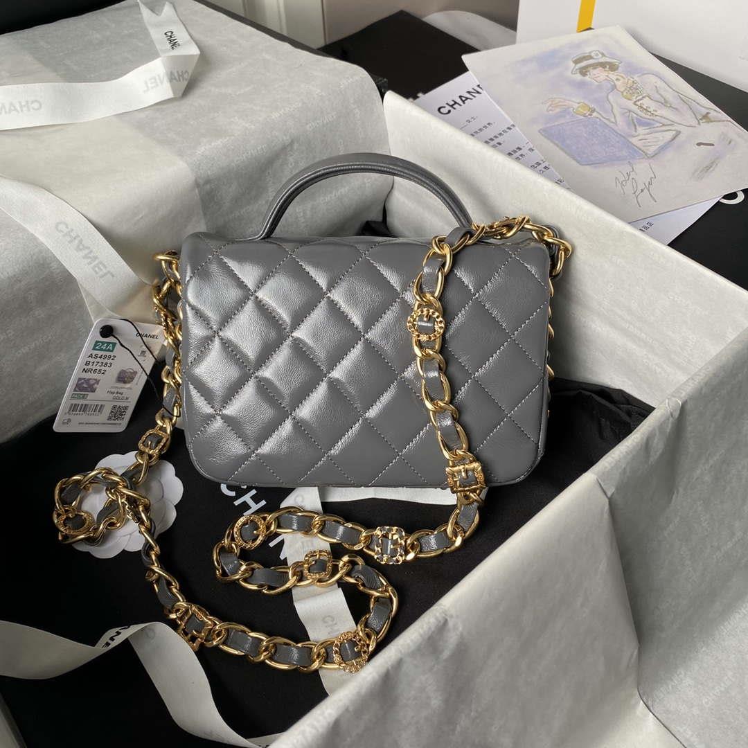 Chanel AS4992 Mini Flap Bag with Top Handle Shiny Lambskin & Gold-Tone Metal Gray