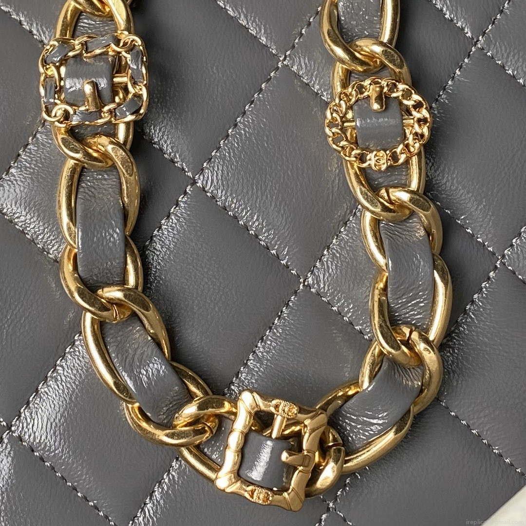 Chanel AS4992 Mini Flap Bag with Top Handle Shiny Lambskin & Gold-Tone Metal Gray
