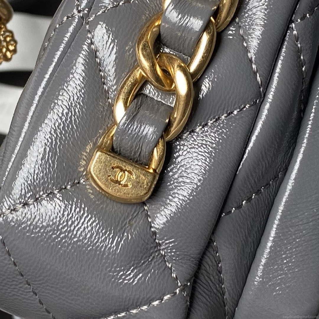 Chanel AS4992 Mini Flap Bag with Top Handle Shiny Lambskin & Gold-Tone Metal Gray