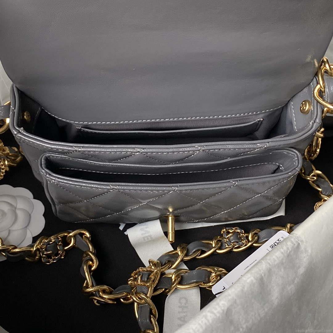 Chanel AS4992 Mini Flap Bag with Top Handle Shiny Lambskin & Gold-Tone Metal Gray
