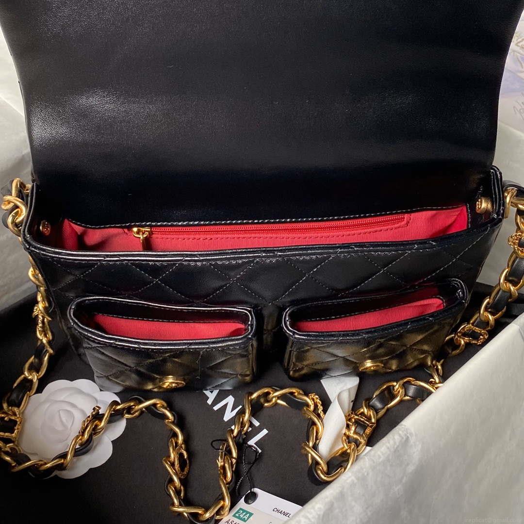Chanel AS4993 Flap Bag with Top Handle Shiny Lambskin & Gold-Tone Metal Black