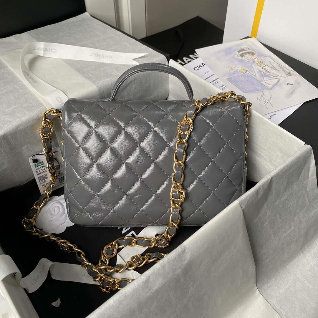 Chanel AS4993 Flap Bag with Top Handle Shiny Lambskin & Gold-Tone Metal Gray