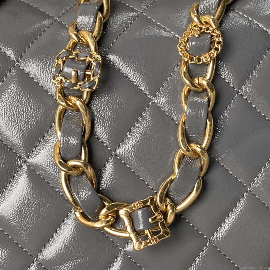Chanel AS4993 Flap Bag with Top Handle Shiny Lambskin & Gold-Tone Metal Gray