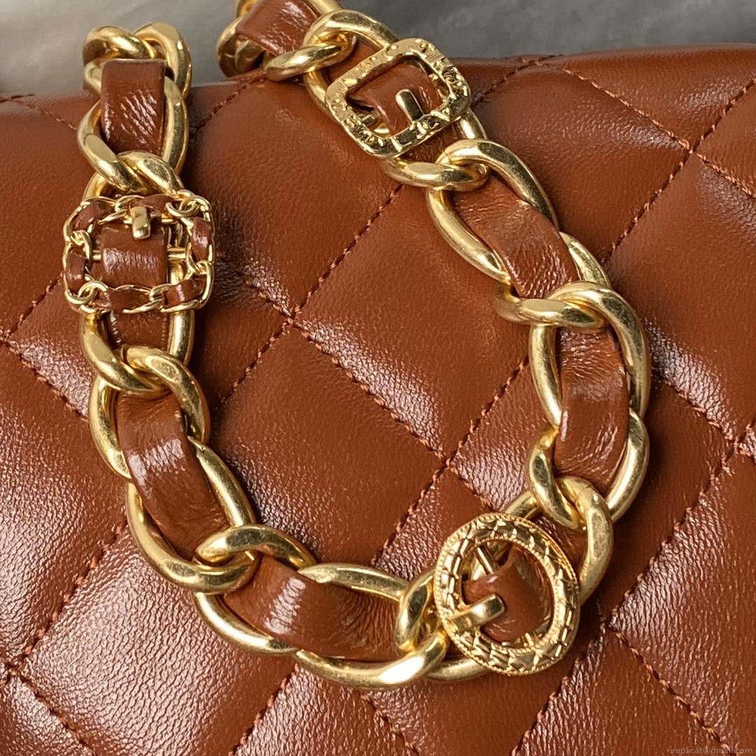 Chanel AS4993 Flap Bag with Top Handle Shiny Lambskin & Gold-Tone Metal Brown