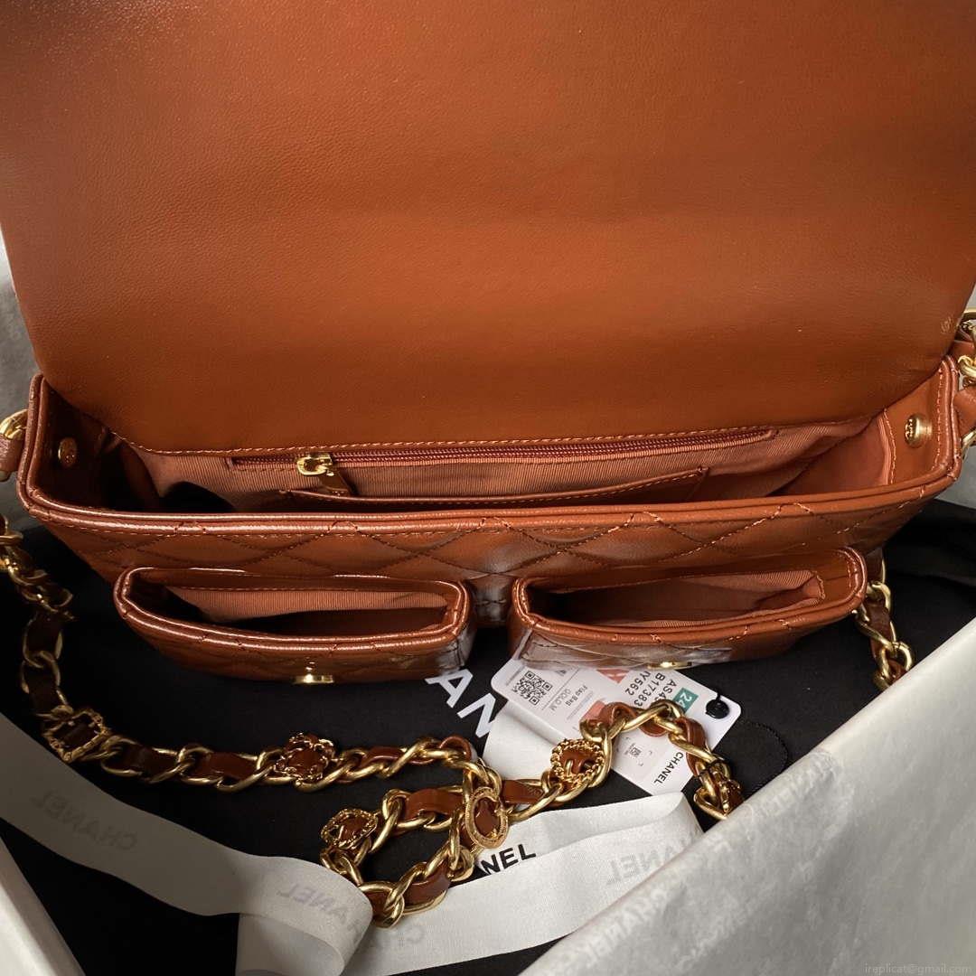 Chanel AS4993 Flap Bag with Top Handle Shiny Lambskin & Gold-Tone Metal Brown