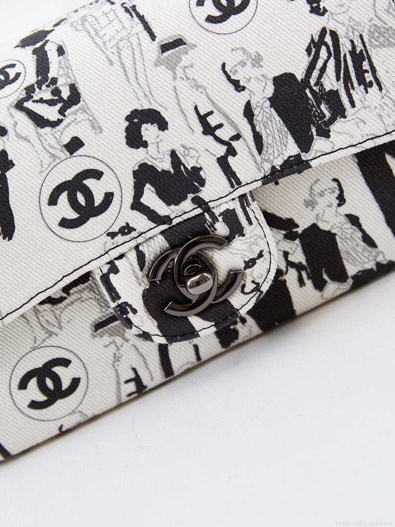 Chanel A69900 Mini Flap AS1116 White Fabric with Black Printed