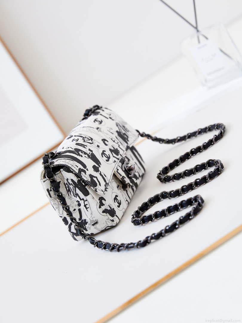 Chanel A69900 Mini Flap AS1116 White Fabric with Black Printed