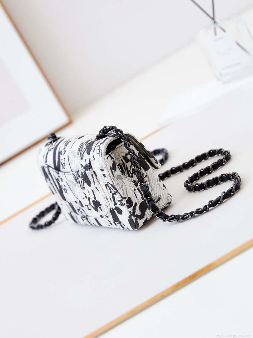 Chanel A69900 Mini Flap AS1116 White Fabric with Black Printed