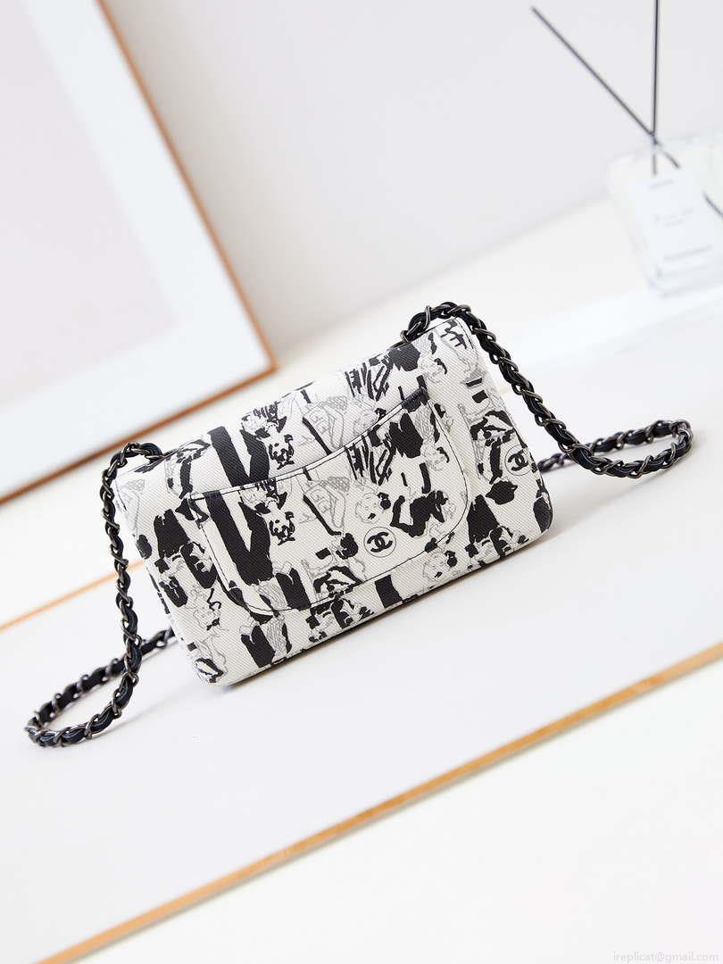 Chanel A69900 Mini Flap AS1116 White Fabric with Black Printed