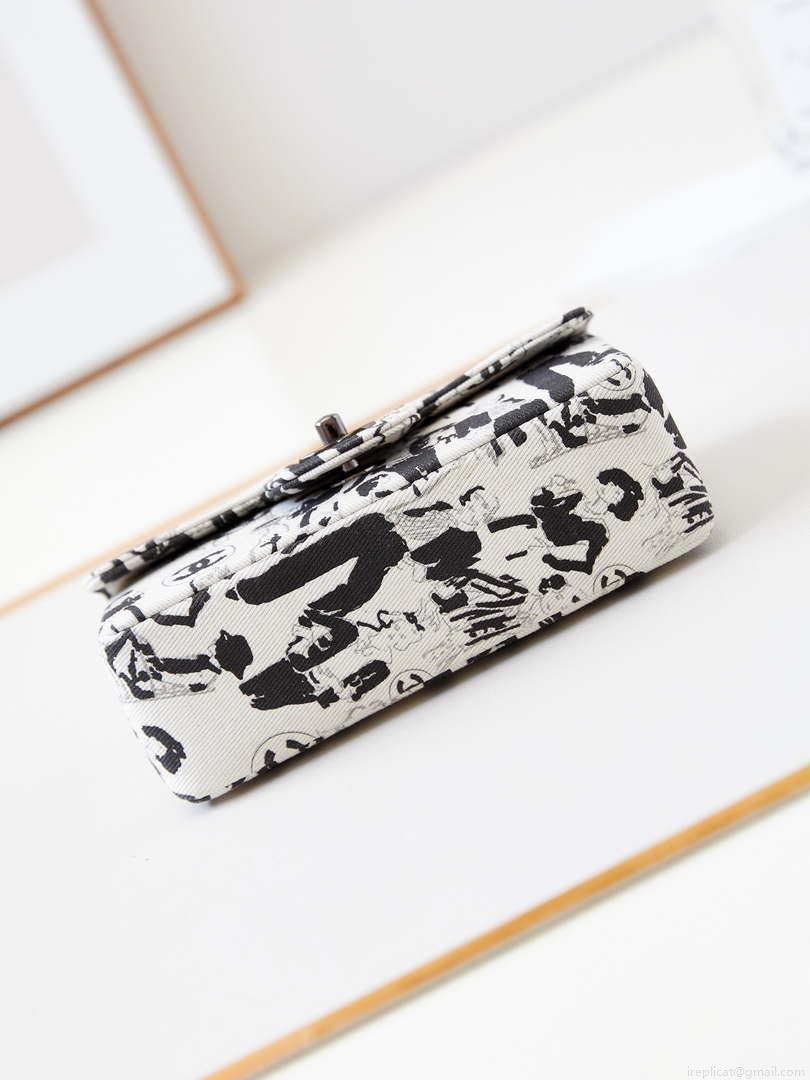 Chanel A69900 Mini Flap AS1116 White Fabric with Black Printed