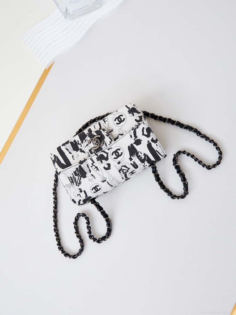 Chanel A69900 Mini Flap AS1116 White Fabric with Black Printed