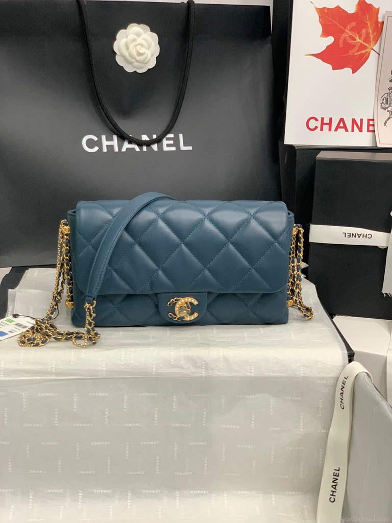 Chanel AS2563 Flap Bag Lambskin Gold Blue