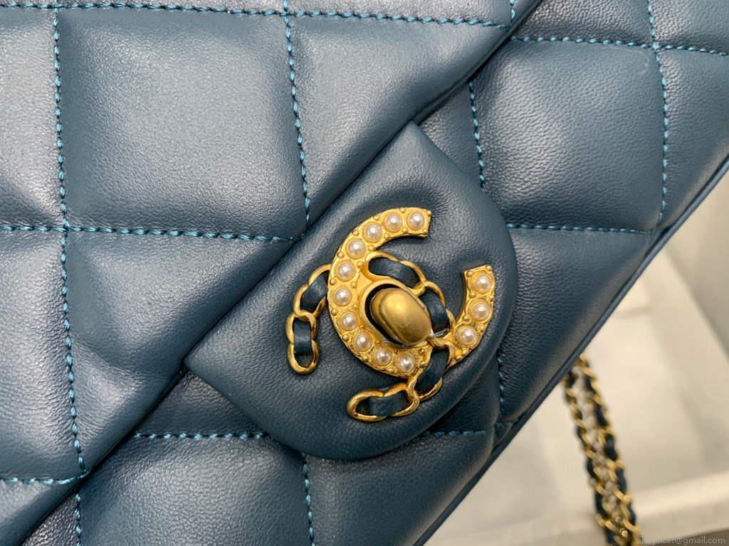 Chanel AS2563 Flap Bag Lambskin Gold Blue