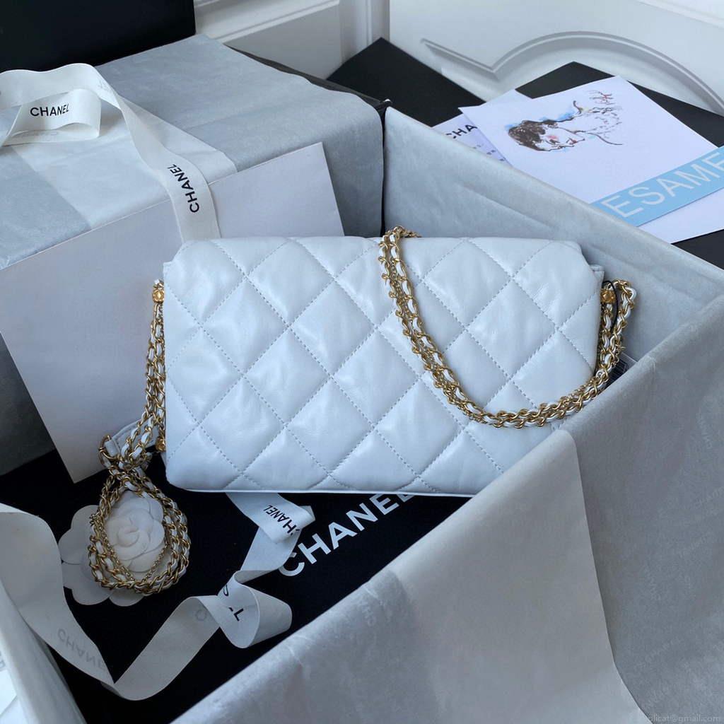 Chanel AS2563 Flap Bag Lambskin Gold White