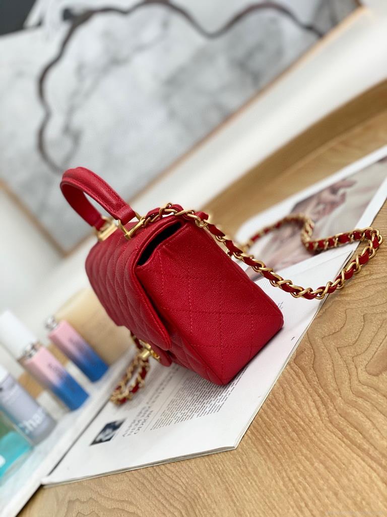 Chanel AS2431 Mini flap bag with top handle Calfskin Red