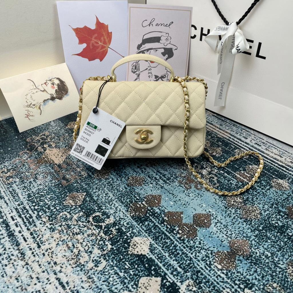 Chanel AS2431 Mini flap bag with top handle Calfskin Apricot