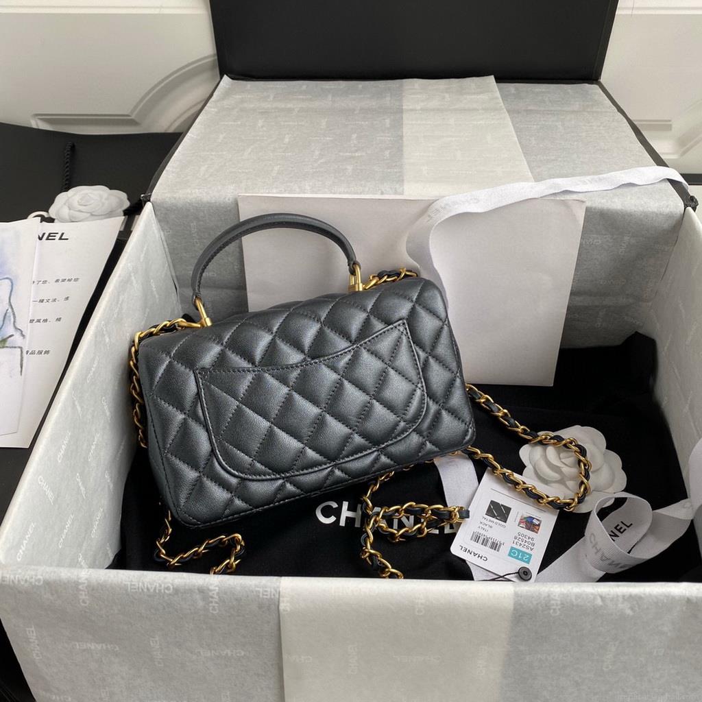 Chanel AS2431 Mini flap Lambskin bag with top handle silver gray