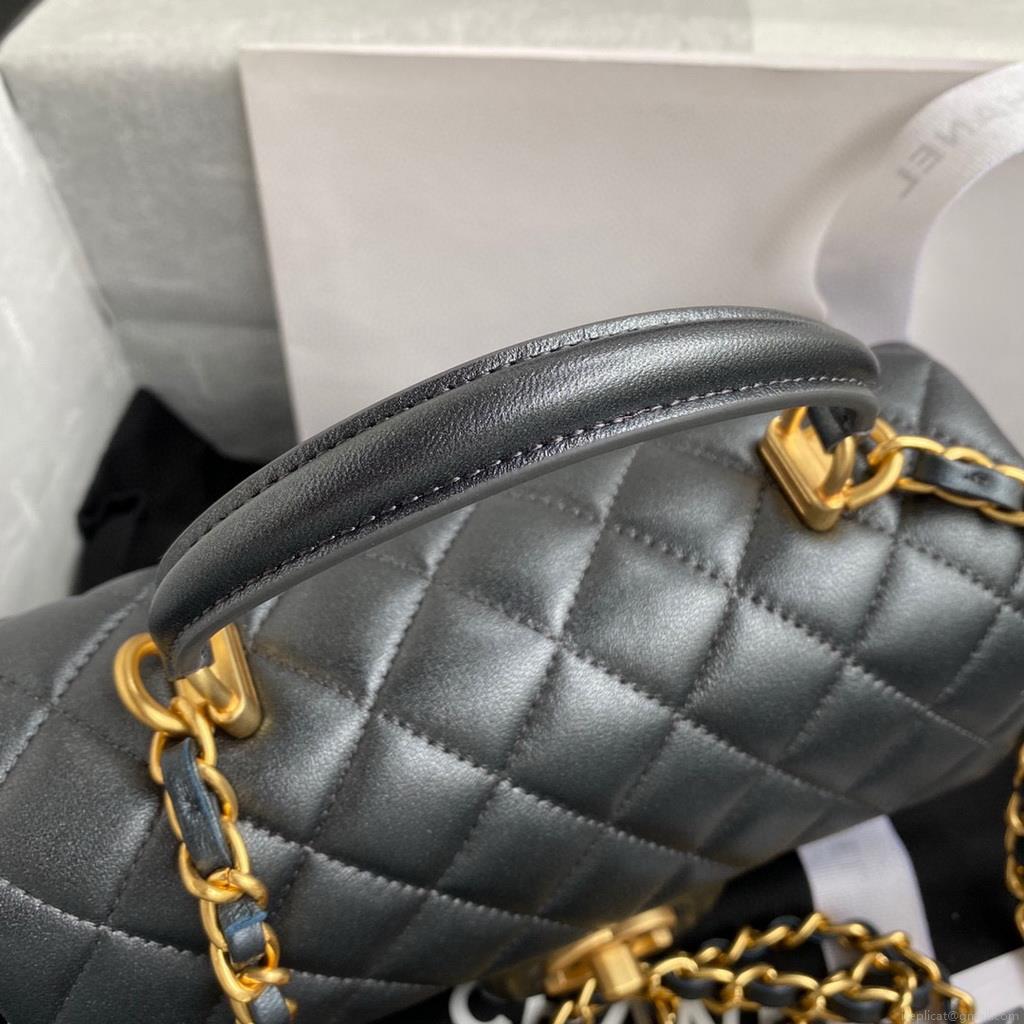 Chanel AS2431 Mini flap Lambskin bag with top handle silver gray