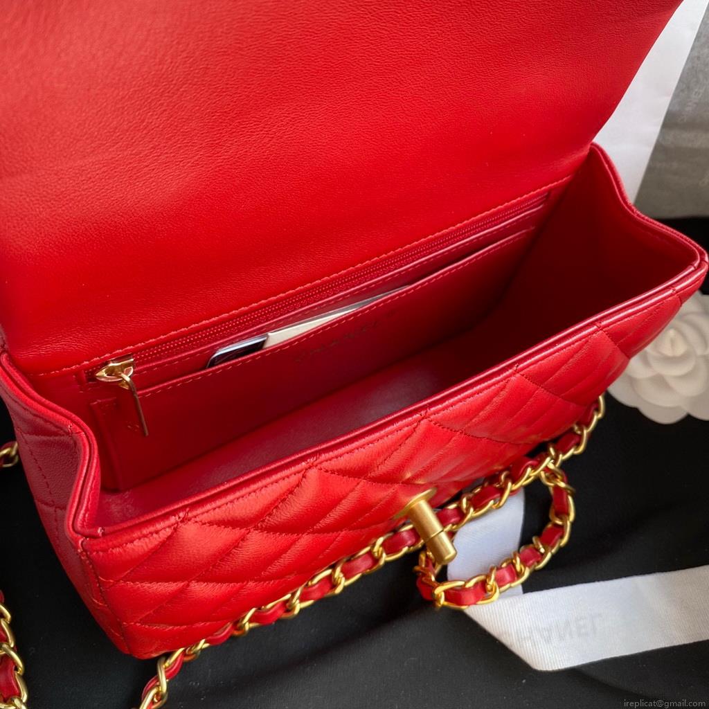 Chanel AS2431 Mini flap Lambskin bag with top handle Red