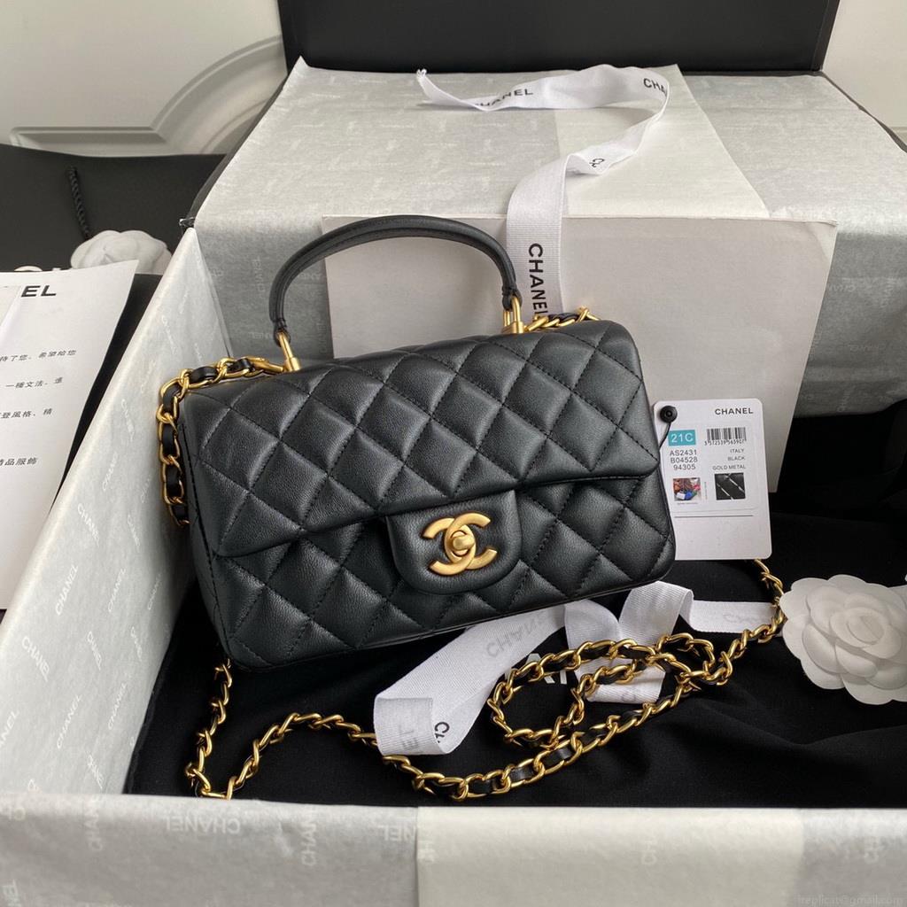 Chanel AS2431 Mini flap Lambskin bag with top handle Black