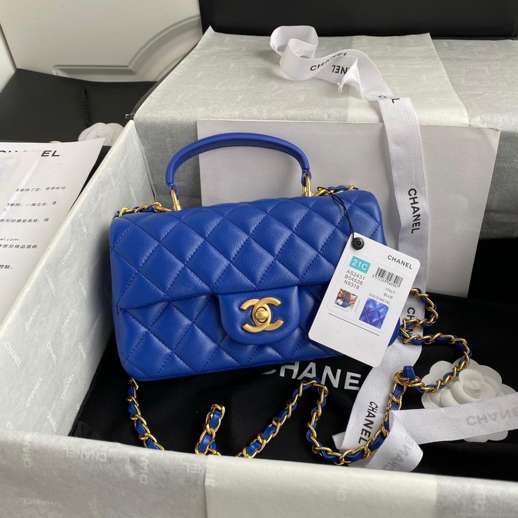 Chanel AS2431 Mini flap Lambskin bag with top handle Blue