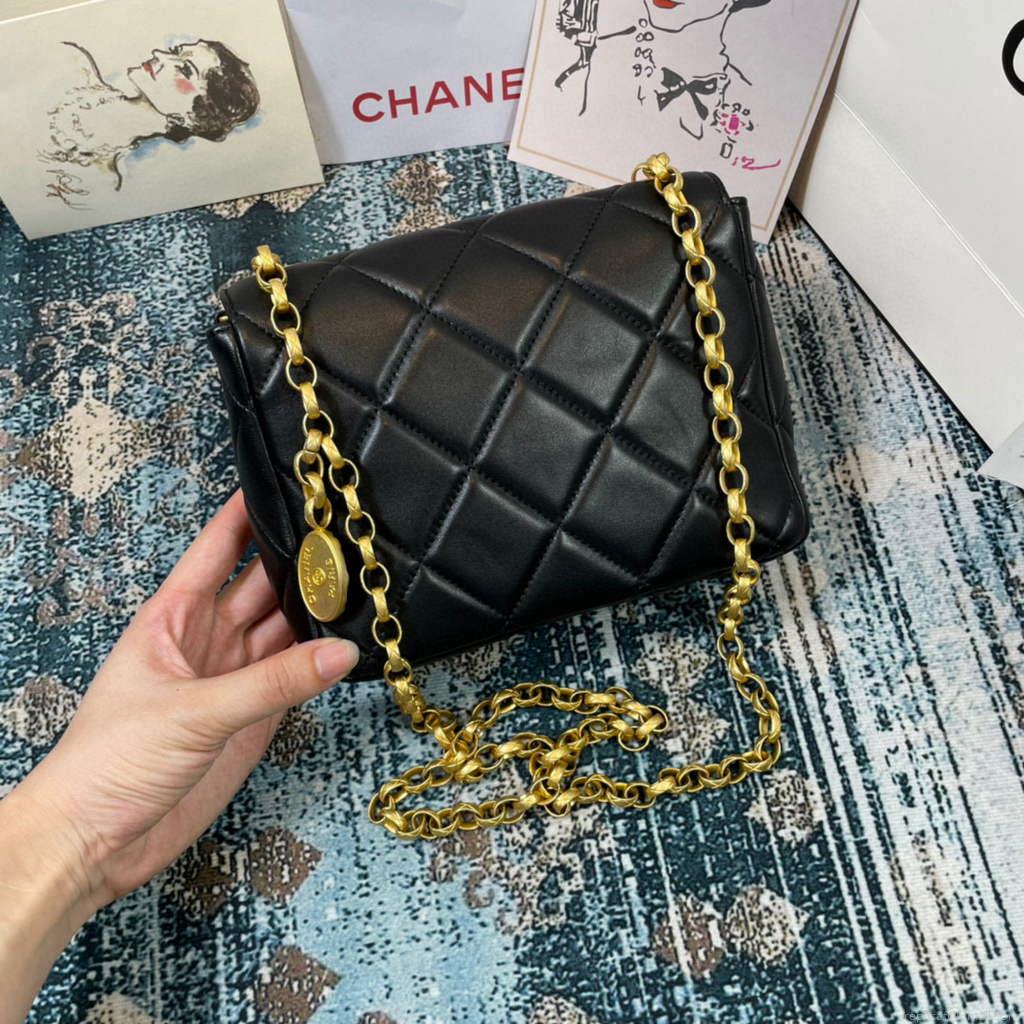 Chanel AS2693 Small Flap Bag Calfskin Gold Black