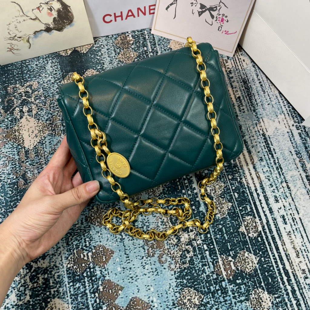 Chanel AS2693 Small Flap Bag Calfskin Gold Green